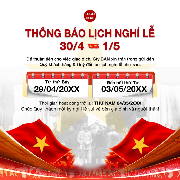 Holiday announcement for Vietnam’s Reunification Day and International Workers' Day with schedule details banner poster social, poster thông báo lịch nghỉ lễ Ngày Thống nhất